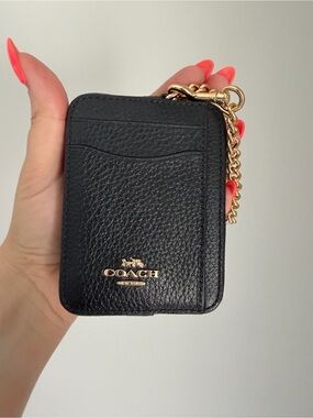 Coach Black Pebbled Leather Card Holder with Gold Chain Accent